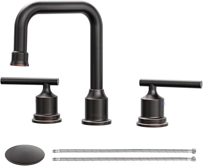 WOWOW Oil Rubbed Bronze Bathroom Faucet Widespread Bathroom Sink Faucet 3 Holes Vanity Faucet 2 Handle Basin Tap with Drain and Suplly Lines Retro