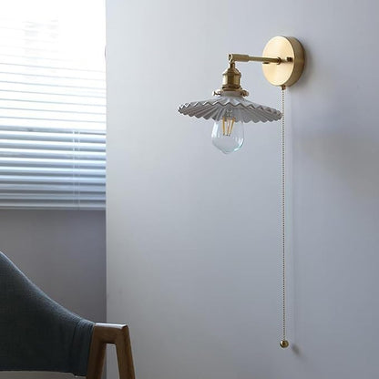 Ceramic Wall Lamp Vintage Wall Light Fixtures with Pull Chain Switch Gold Brass Sconces Wall Lighting White Small Wall Sconce Light for Bedroom Kitchen Study Aisle