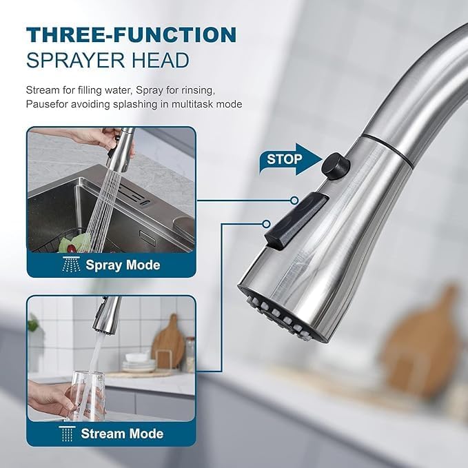 Brushed Nickel Kitchen Faucet with Pull Down Sprayer,304 Stainless Steel High Arc Single Handle Classic Sink Faucet with Pull Out Sprayer,Suitable for Farmhouse Camper Laundry Rv Bar