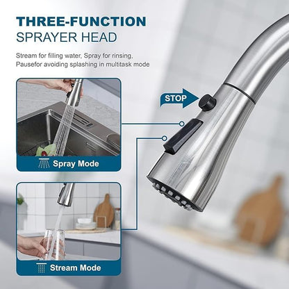 Brushed Nickel Kitchen Faucet with Pull Down Sprayer,304 Stainless Steel High Arc Single Handle Classic Sink Faucet with Pull Out Sprayer,Suitable for Farmhouse Camper Laundry Rv Bar