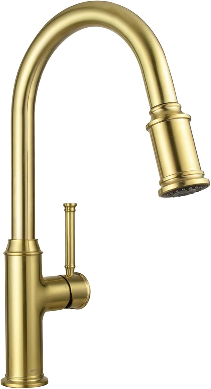 Lava Odoro Curtura Brushed Gold Kitchen Faucet with Pull Down Sprayer, Brass Kitchen Sink Faucet, Single Hole Kitchen Faucet with 3-Function Sprayer, Deck Plate Included, Spot-Free, 1.8GPM, KF421-SG