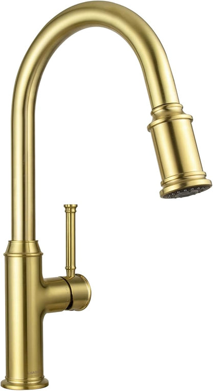 Lava Odoro Curtura Brushed Gold Kitchen Faucet with Pull Down Sprayer, Brass Kitchen Sink Faucet, Single Hole Kitchen Faucet with 3-Function Sprayer, Deck Plate Included, Spot-Free, 1.8GPM, KF421-SG