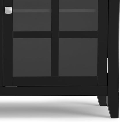 SIMPLIHOME Acadian Storage Cabinet - 62 inch Wide Solid Wood 3-Shelf Sideboard in Black, Transitional Buffet for Living Room, Entryway, or Dining Room with Adjustable Shelves and Glass Doors
