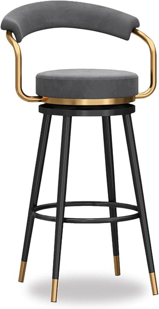 Swivel stools 1PC, Velvet Upholstered Stools with Hollow Back, Metal Chair Legs & Footrest for Kitchen Island Dining Room Pub Home, Seat Height 65cm, Black (Grey Seat Height 75cm)