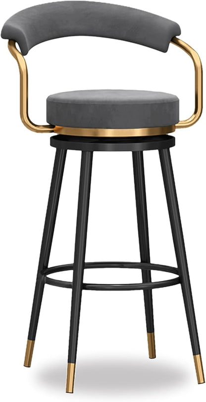 Swivel stools 1PC, Velvet Upholstered Stools with Hollow Back, Metal Chair Legs & Footrest for Kitchen Island Dining Room Pub Home, Seat Height 65cm, Black (Grey Seat Height 65cm)