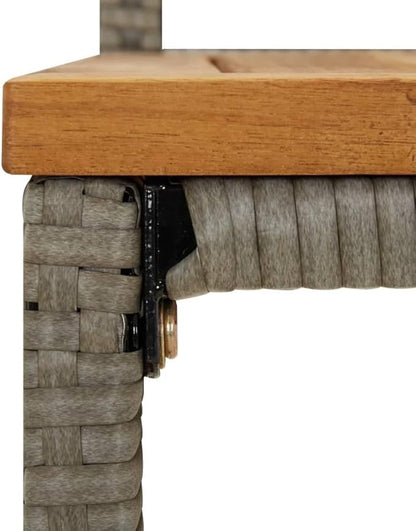 Modern Grey Poly Rattan Bar Stool Set of 2 with Acacia Wood Accents and Footrests for Indoor Outdoor Dining, Durable Steel Frame and Comfortable Seating