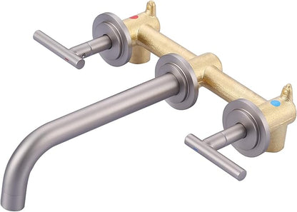 Brushed Nickel Bathroom Faucet,WOWOW 2 Handle Wall Mount Bathroom Faucet, Vessel Sink Faucet Wall Mount and Brass Rough-in Valve Included