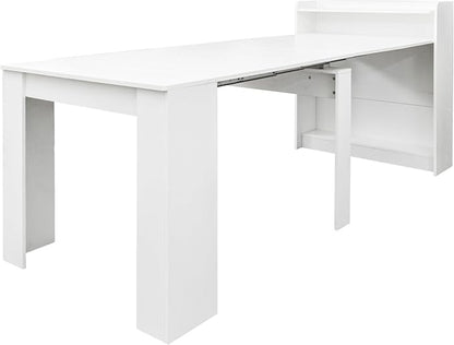 98.4" Wood Extendable Console Dining Table for 6 8 9, 3 in 1 Modern Farmhouse Rectangular Expandable Folding Dinner Table with Storage for Kitchen Dining Room Living Room, Small Space White