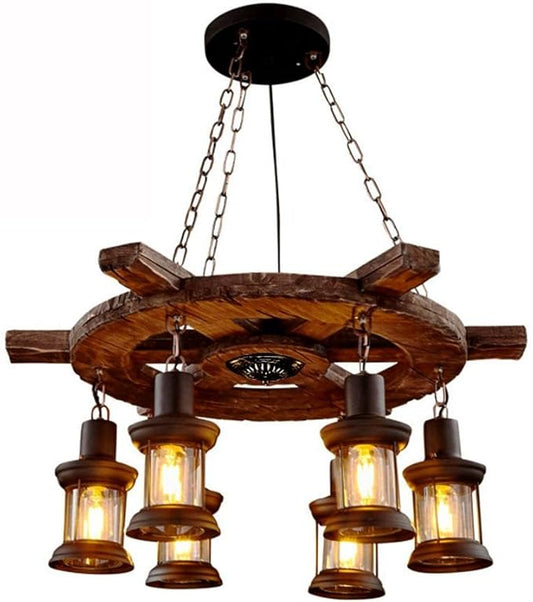 A Million Vintage Industrial Chandelier with Rudder Design, Rustic Wood Grain Color 6 E26 Socket Adjustable Hanging Chain Rustic Pendant Lighting