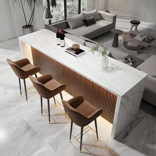 Stone Top Counter Height Pub Table with Wooden Base for Kitchen Island, Bar Table, Narrow Dining Furniture for Living Room, Modern Pub Style