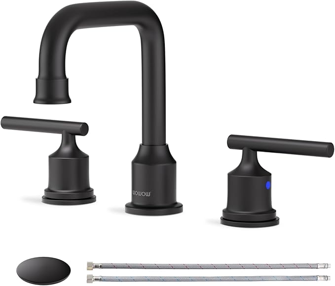 Black Bathroom Faucet 3 Holes, WOWOW Widepread Bathroom Sink Faucets 2 Handle, 8 Inch Vanity Tap with Drain and Supply liness Modern
