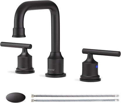 Black Bathroom Faucet 3 Holes, WOWOW Widepread Bathroom Sink Faucets 2 Handle, 8 Inch Vanity Tap with Drain and Supply liness Modern