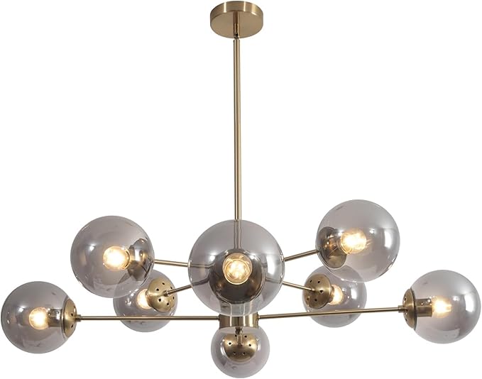 KCO Lighting 8 Light Sputnik Chandelier Gold Smoke Glass Globe Pendant Light Modern Mid Century Brushed Brass Ceiling Lighting Fixture for Living Room Foyer Hall Entryway