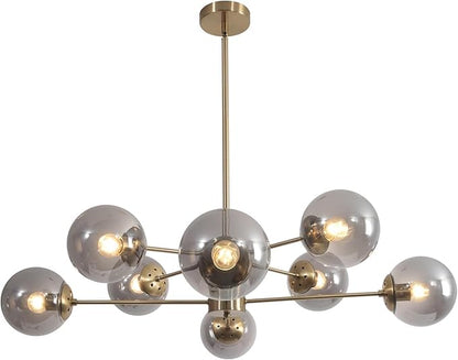 KCO Lighting 8 Light Sputnik Chandelier Gold Smoke Glass Globe Pendant Light Modern Mid Century Brushed Brass Ceiling Lighting Fixture for Living Room Foyer Hall Entryway
