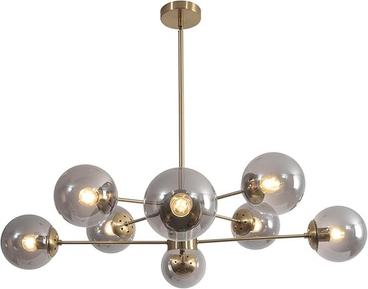 KCO Lighting 8 Light Sputnik Chandelier Gold Smoke Glass Globe Pendant Light Modern Mid Century Brushed Brass Ceiling Lighting Fixture for Living Room Foyer Hall Entryway