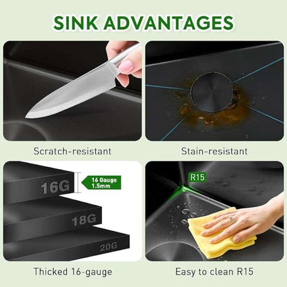 33 Inch Black Sink Drop-In Topmount Double Bowl, 16 Gauge 50/50 Double Bowl Stainless Steel Workstation Sink, 33" x 22" x 10" Large and Deep Kitchen Sink With Accessories