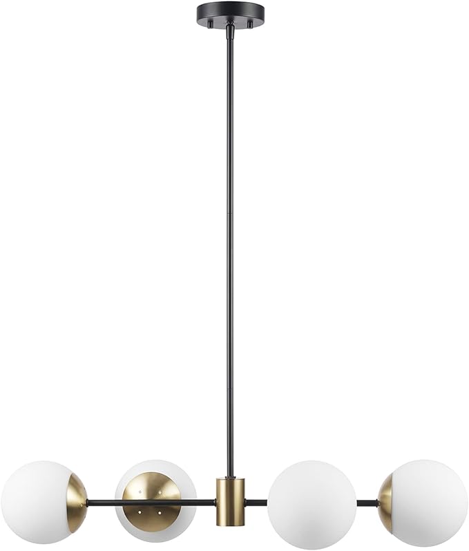 GLOBE Electric 67000064 4-Light Convertible Flush Mount Chandelier, Matte Black, Brass Accents, Opal Glass, Light Fixtures Ceiling Mount, Ceiling Light for Bedroom, Lighting for Hallway
