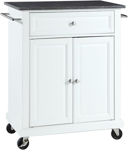 Crosley Furniture Compact Granite Top Small Rolling Cart with Shelves, Microwave Stand with Towel Rack, White