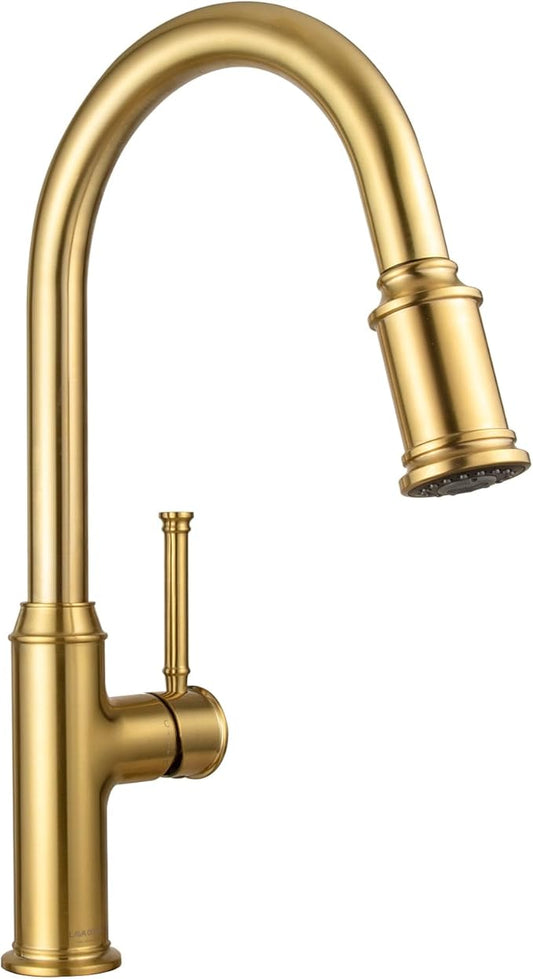 Lava Odoro Bronze Gold Kitchen Faucet with Pull Down Sprayer, Brushed Brass Kitchen Sink Faucet, Single Hole Kitchen Faucet with 3-Function Sprayer, Deck Plate Included, Spot-Free, 1.8 GPM, KF421-BB