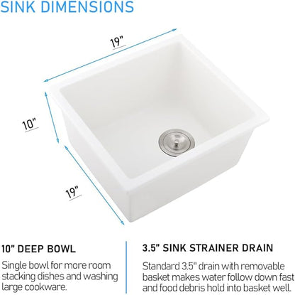 19 Inch Undermount Bar Sink, 19x19 White Quartz Granite Composite Small Undermount Kitchen Sink Single Bowl Square Deep Wet Bar Basin with Small Squeegee Brush Combo
