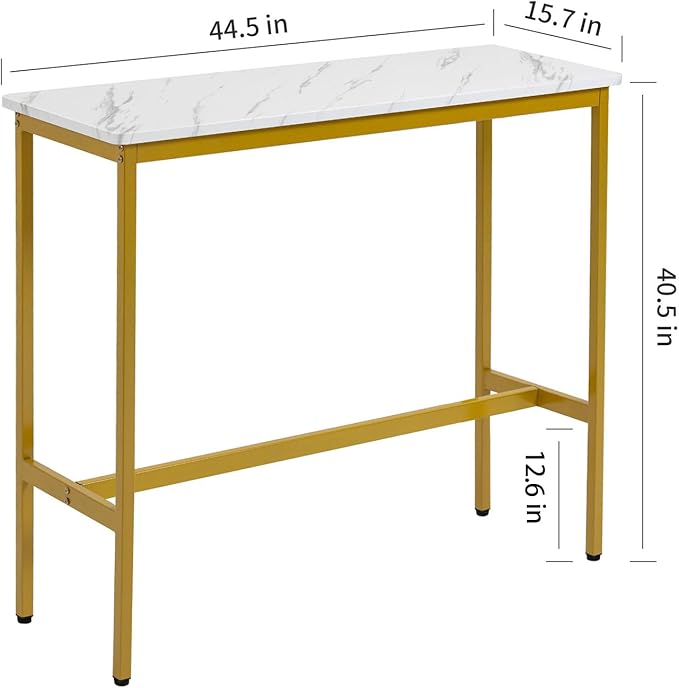 44.5" Bar Table, Pub Table with Adjustable Feet Floor Protector, Narrow Rectangular Kitchen Counter Bar Tables, Sofa High Top Bar Tables with Gold Metal Legs, White