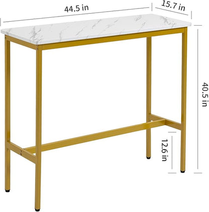 44.5" Bar Table, Pub Table with Adjustable Feet Floor Protector, Narrow Rectangular Kitchen Counter Bar Tables, Sofa High Top Bar Tables with Gold Metal Legs, White
