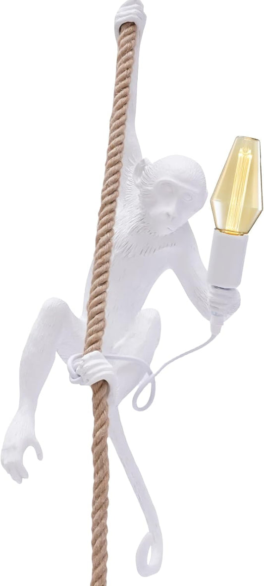 Vintage Monkey Chandelier, Retro Resin Hemp Rope Monkey Pendant Light Fixture, Hanging Ceiling Lamp E26 for Dining Living Room Bedroom Bar Cafe-White