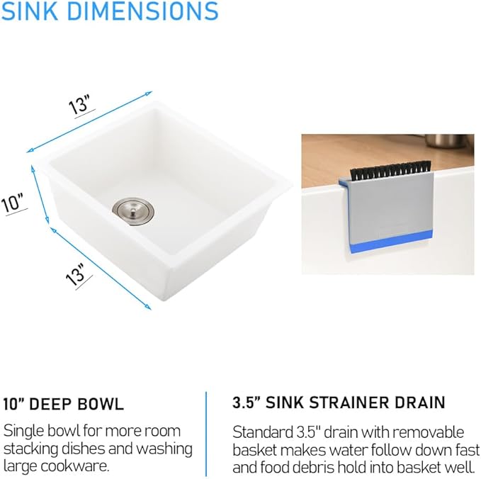 White Bar Sink Undermount, 13 x 13 Inch Small Kitchen Sink Granite Quartz Wet Bar Single Bowl Deep Basin and Mini Squeegee Combo