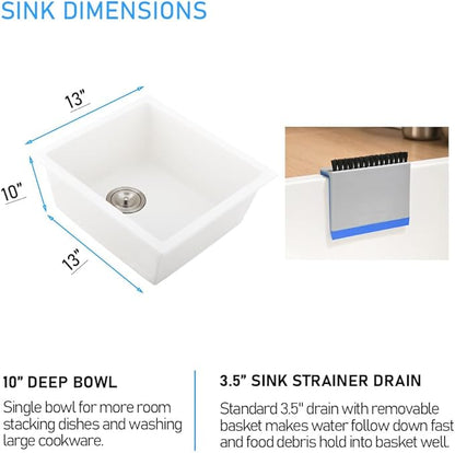 White Bar Sink Undermount, 13 x 13 Inch Small Kitchen Sink Granite Quartz Wet Bar Single Bowl Deep Basin and Mini Squeegee Combo
