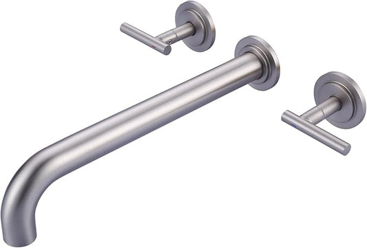 WOWOW Wall Mount Tub Filler: Brushed Nickel Tub Faucet High Flow Two Handles Solid Brass, Long Spout Reach,Tub Faucet Bathroom Bathtub Faucets with 2 Handles with Brass Rough in Valve Included