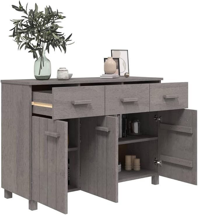 Light Grey Solid Pine Wood Sideboard, 3-Door Buffet Cabinet with Drawers, 44.5" Living Room Storage Furniture, Rectangular Entryway Coffee Station Kitchen Furnitur