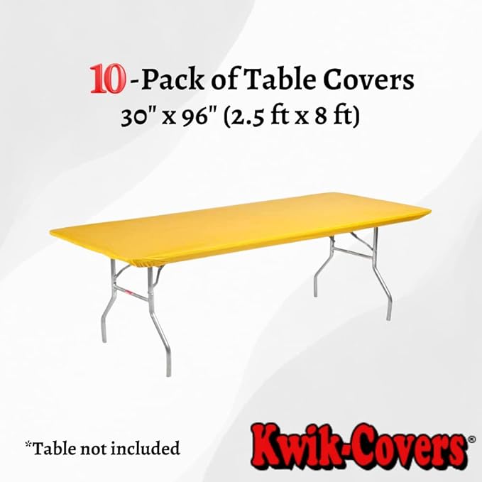 Kwik-Covers 10 Pack of Rectangular Plastic Table Covers - 6' Foot or 8' Foot Options - Indoor or Outdoor Fitted Table Covers (Table NOT Included) (Gold, 30" x 96" (8' ft))