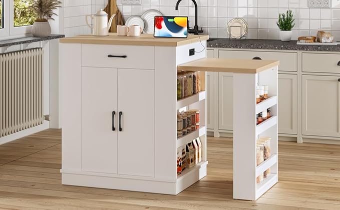 Kitchen Island Console with Storage, White and Natural Wood Top, Extendable Dining Table with Drawers and Shelves, 80.7 x 33.4 x 35.3 Inches (White)