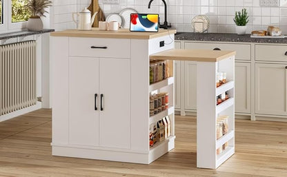 Kitchen Island Console with Storage, White and Natural Wood Top, Extendable Dining Table with Drawers and Shelves, 80.7 x 33.4 x 35.3 Inches (White)