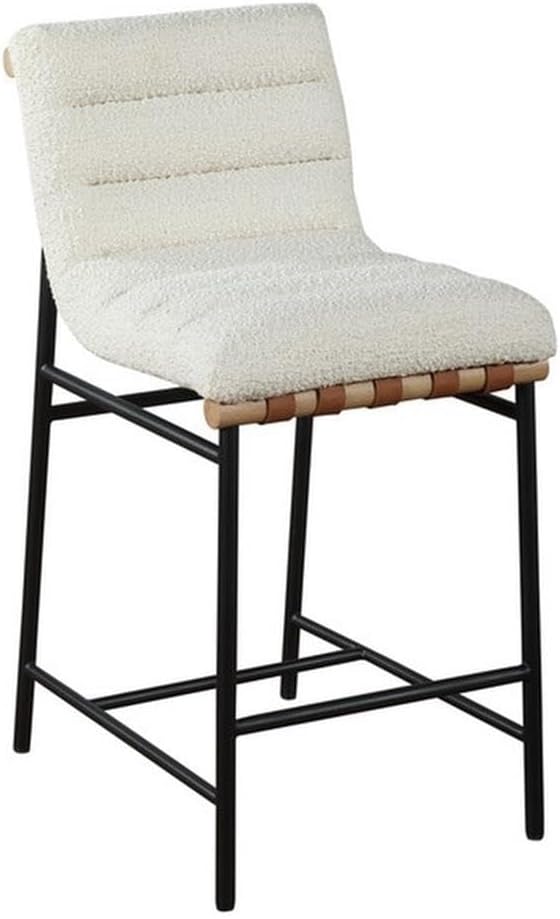 Lilola Home Lahni 18" W White Boucle Fabric Counter Height Chair – Contemporary Upholstered Bar Stool with Cognac PU Leather Detail and Fully Assembled Design for Kitchen Dining Room