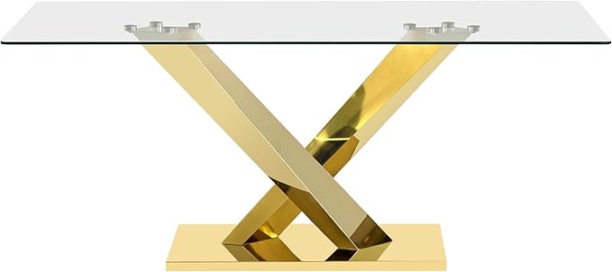 70" Rectangle Glass Dining Table for 6, Modern Luxury Kitchen Table with Clear Tempered Glass Top & X-Shape Gold Stainless Steel Mirrored Base