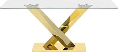 70" Rectangle Glass Dining Table for 6, Modern Luxury Kitchen Table with Clear Tempered Glass Top & X-Shape Gold Stainless Steel Mirrored Base