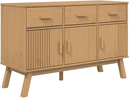 Brown Solid Pinewood Sideboard, Wax Finish, 44.9" x 16. 28. Buffet Cabinet with Drawers, Scandinavian Furniture for Living Room, Kitchen Island Storage Dining Storage
