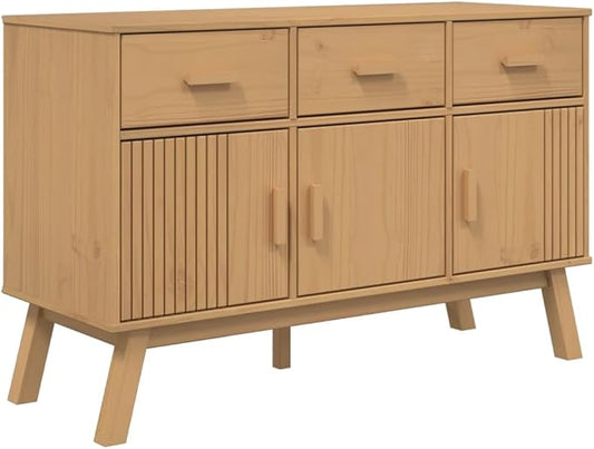 Brown Solid Pinewood Sideboard, Wax Finish, 44.9" x 16. 28. Buffet Cabinet with Drawers, Scandinavian Furniture for Living Room, Kitchen Island Storage Dining Storage