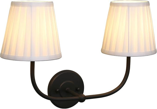 PERMO Vintage Sconce Black 2-Lights Wall Sconces with Pleated White Stripe Fabric Shades Retro Bathroom sconces Hardwired Double Sconce for Farmhouse Bedroom Hallway