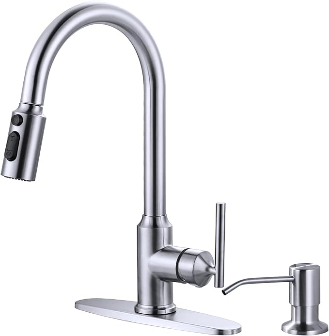 Kitchen Faucets with Soap Dispenser with Pull Down Sprayer, High Arc Single Handle Stainless Steel Sink Faucets 1 or 3 Hole, Kitchen Sink Faucets for Farmhouse Camper Laundry Rv Bar,Brushed Nickel