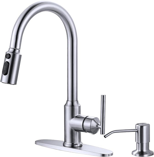 Kitchen Faucets with Soap Dispenser with Pull Down Sprayer, High Arc Single Handle Stainless Steel Sink Faucets 1 or 3 Hole, Kitchen Sink Faucets for Farmhouse Camper Laundry Rv Bar,Brushed Nickel
