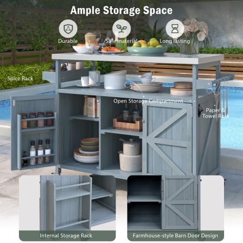 Bellemave Outdoor Kitchen Island with Stainless Steel Top, Rolling Bar Cart & Storage Cabinet, Outdoor Grill Cart with Spice & Towel Rack, Rolling Island Table for Kitchen & BBQ, Grey Blue