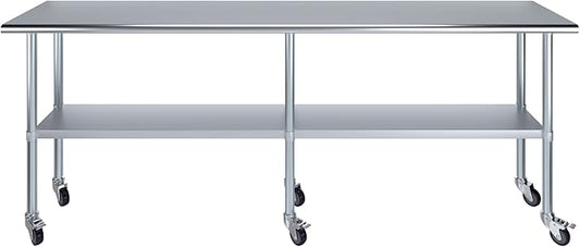 Stainless Steel Work Table with Wheels | NSF Kitchen Island Food Prep | Laundry Garage Utility Bench (Table + Wheels, 96" Long x 18" Deep)