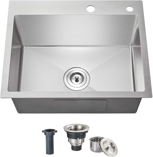 24x18 Inch Kitchen Sink Drop In, Premium T-304 Grade Stainless Steel Sink, 9" Deep Single Bowl with Brushed Finish, R10 Tight Corner,Topmount with 2 Holes, for Modern Kitchen/RV Sink