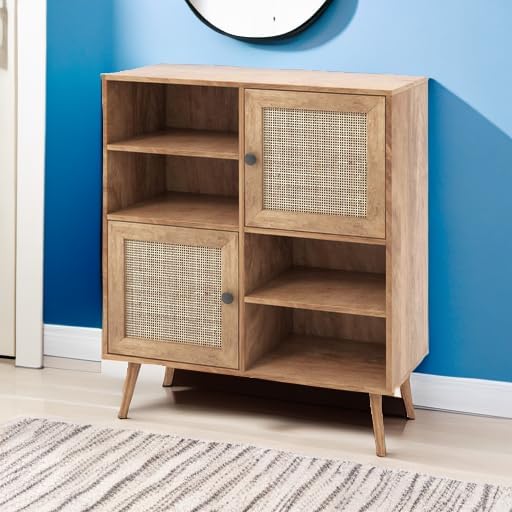 Giantex Buffet Cabinet, Wood Sideboard Storage with 2 Rattan Doors & 2 Cubes, Farmhouse Coffee Bar Accent, Freestanding Cupboard Organizer for Living Room Kitchen Hallway
