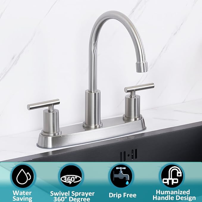 3 Hole Kitchen Faucet, Brushed Nickel Two Handles Kitchen Faucet, RV Kitchen Sink Faucet, 3 Hole or 4 Holel Faucet for Kitchen Sink TDLKF024W-L