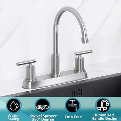 3 Hole Kitchen Faucet, Brushed Nickel Two Handles Kitchen Faucet, RV Kitchen Sink Faucet, 3 Hole or 4 Holel Faucet for Kitchen Sink TDLKF024W-L