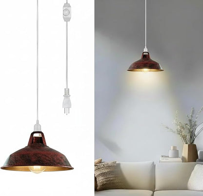Plug in Pendant Light, 13.1FT Hanging Light with Plug in Cord and On/Off Switch, Industrial Rustic Red Barn Metal Shade Pendant Light for Kitchen Island, Dining Room, Bar, Cafe, Living Room