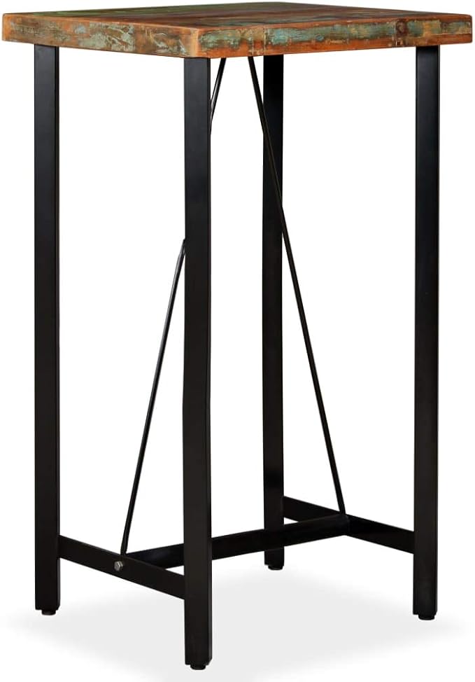 Multicolored Reclaimed Wood Bar Table with Black Steel Legs, 4-Piece Set for Dining Room and Home Bar, Compact Design and Easy Maintenance